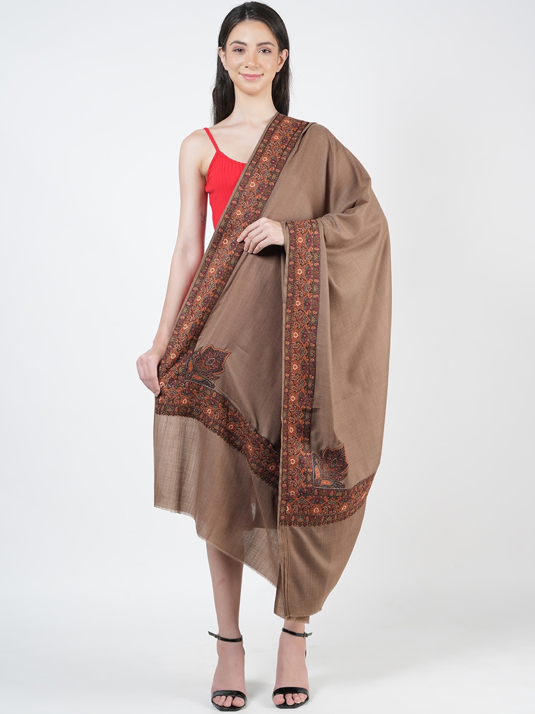 

MUFFLY Ethnic Motifs Embroidered Pashmina Woollen Shawl, Brown