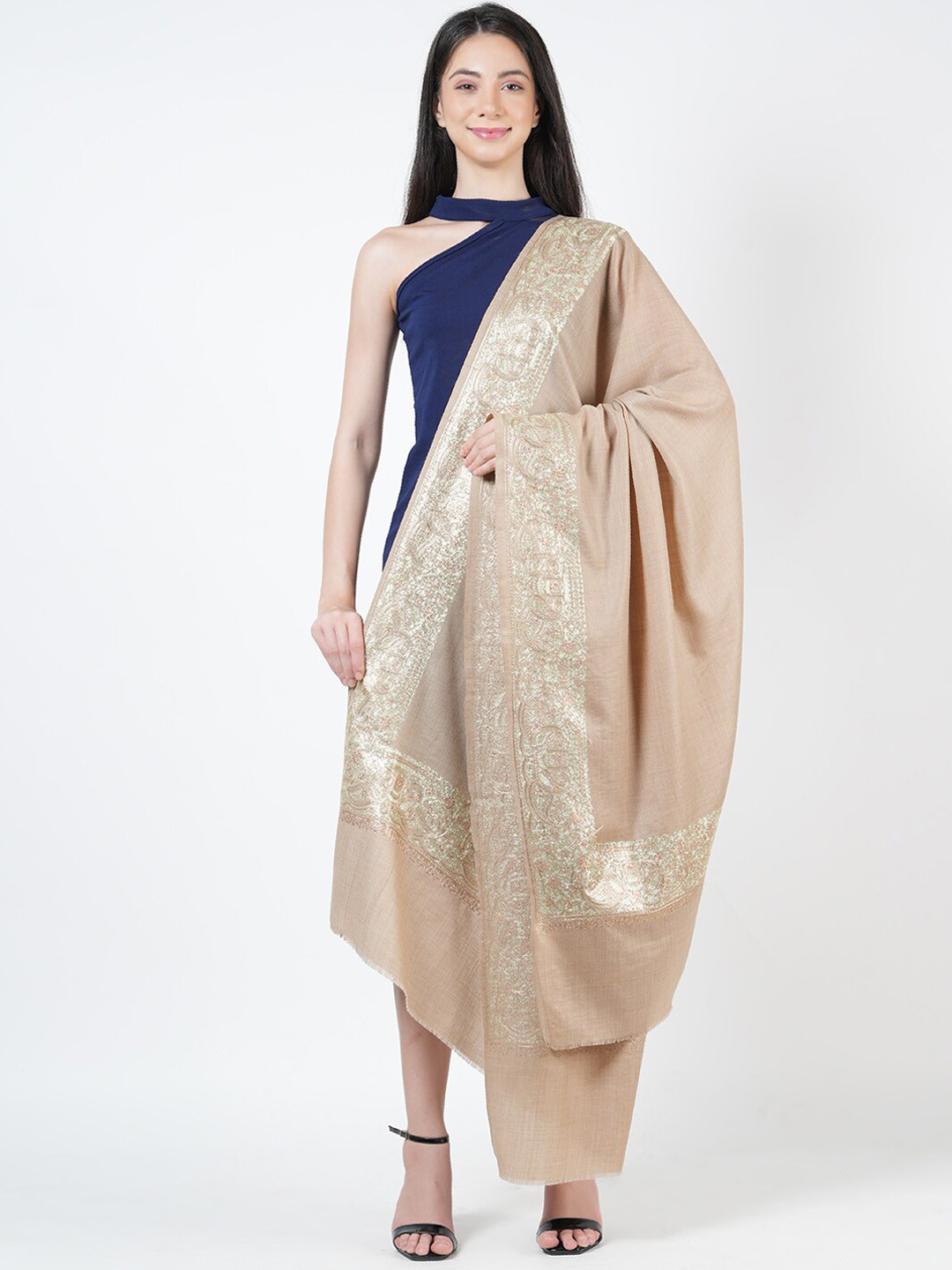 

MUFFLY Pashmina Pure Woollen Embroidered Shawl, Beige
