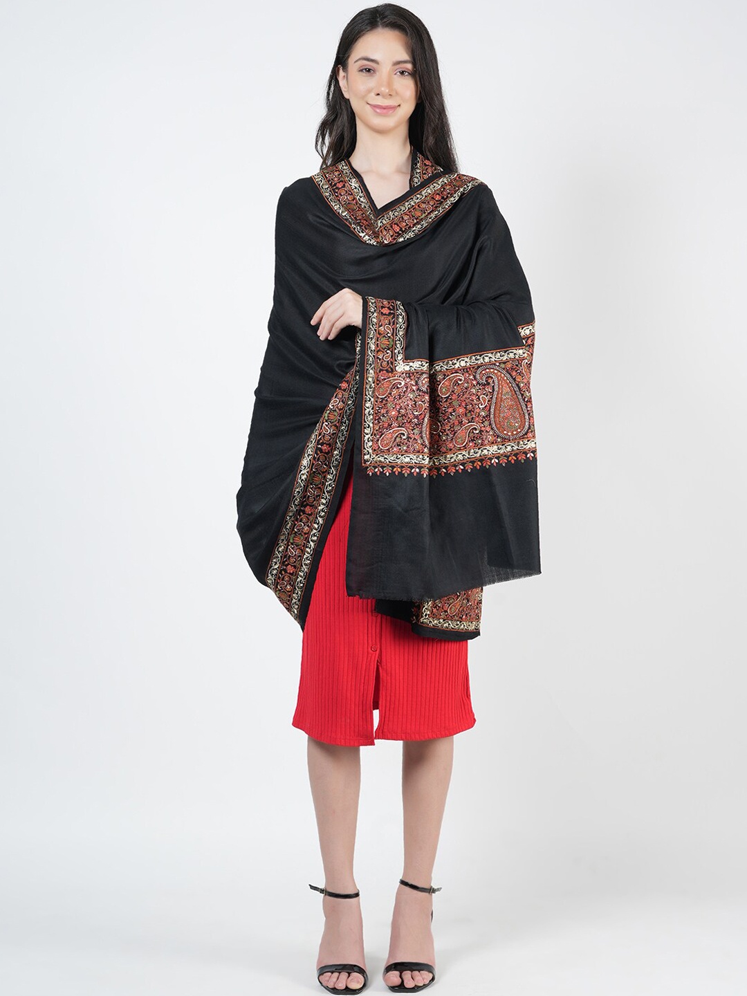 

MUFFLY Ethnic Motifs Embroidered Pashmina Woollen Shawl, Black