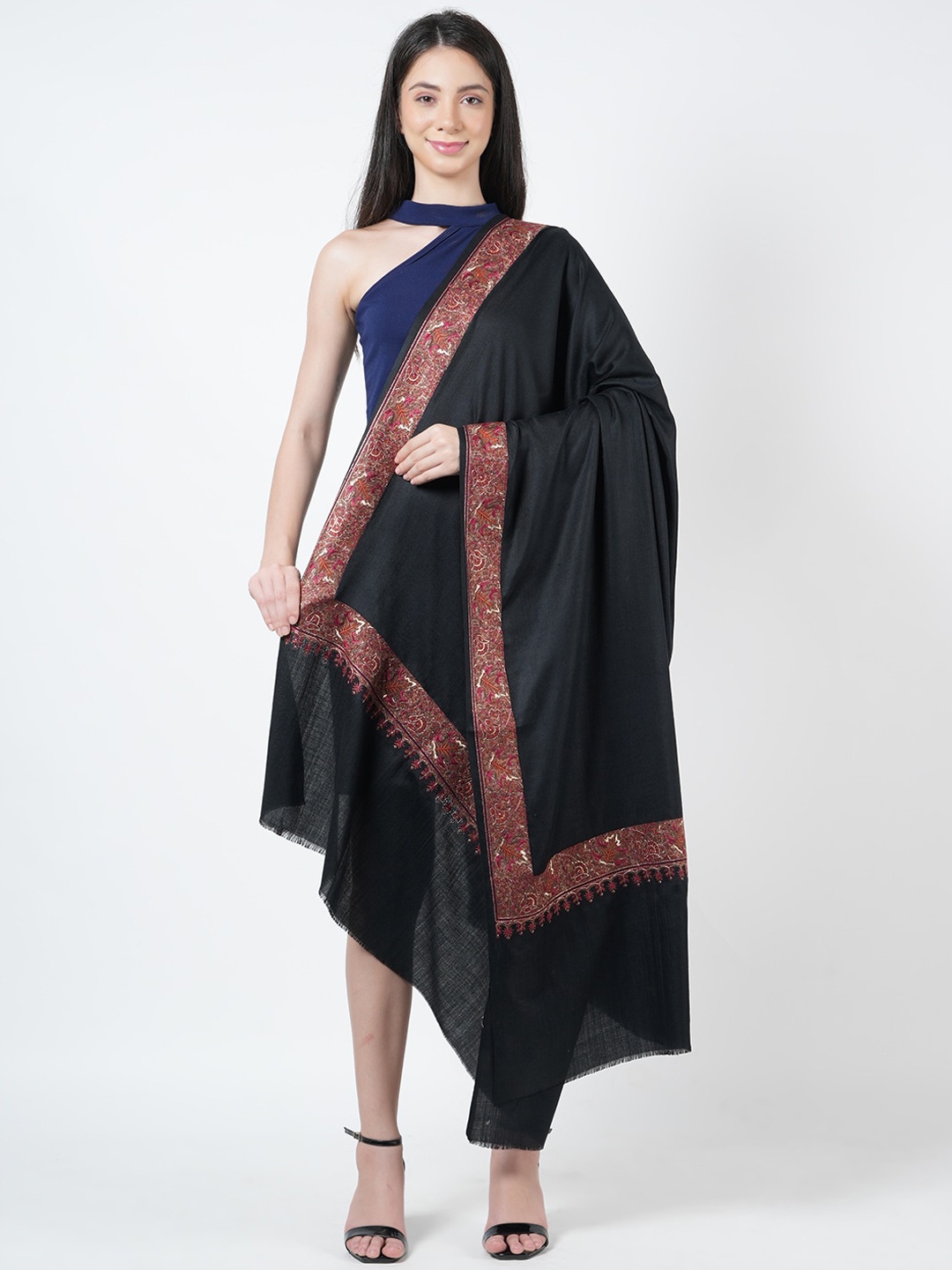 

MUFFLY Ethnic Motifs Printed Woollen Border, Black