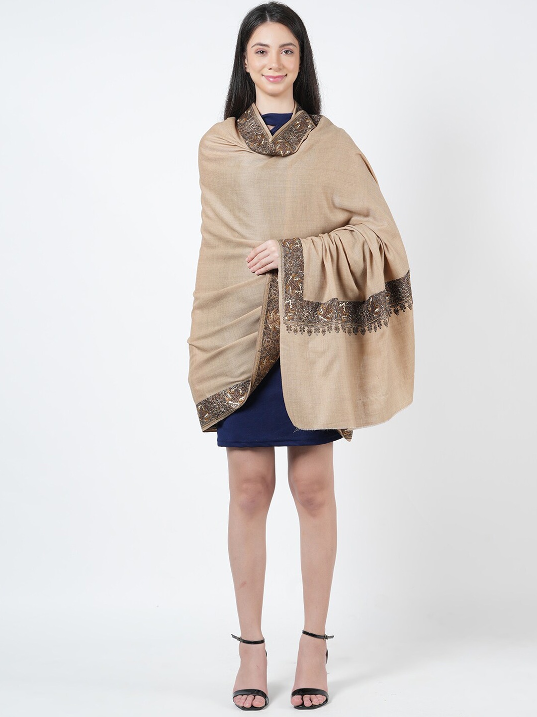 

MUFFLY Ethnic Motifs Embroidered Pashmina Woollen Shawl, Beige