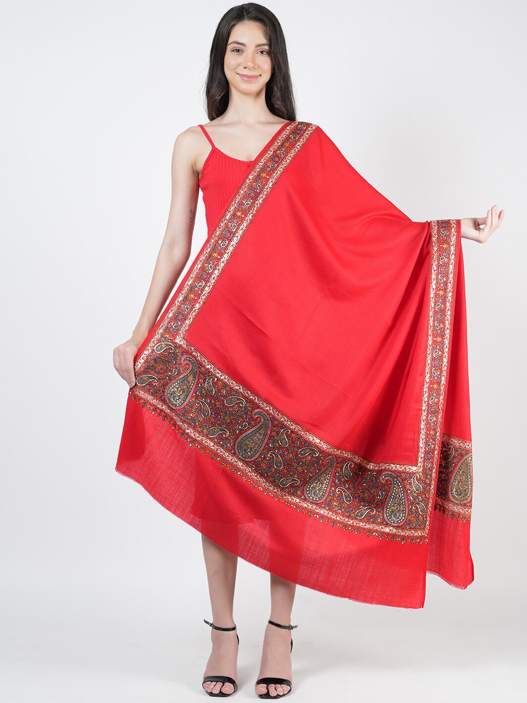 

MUFFLY Pashmina Pure Woollen Embroidered Shawl, Red