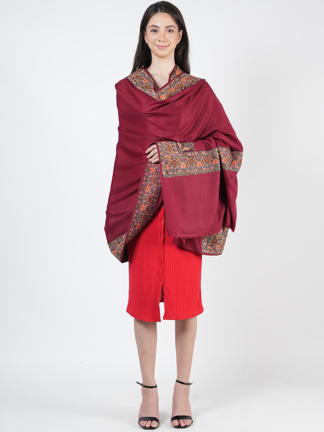 

MUFFLY Ethnic Motifs Printed Woollen Shawl, Maroon