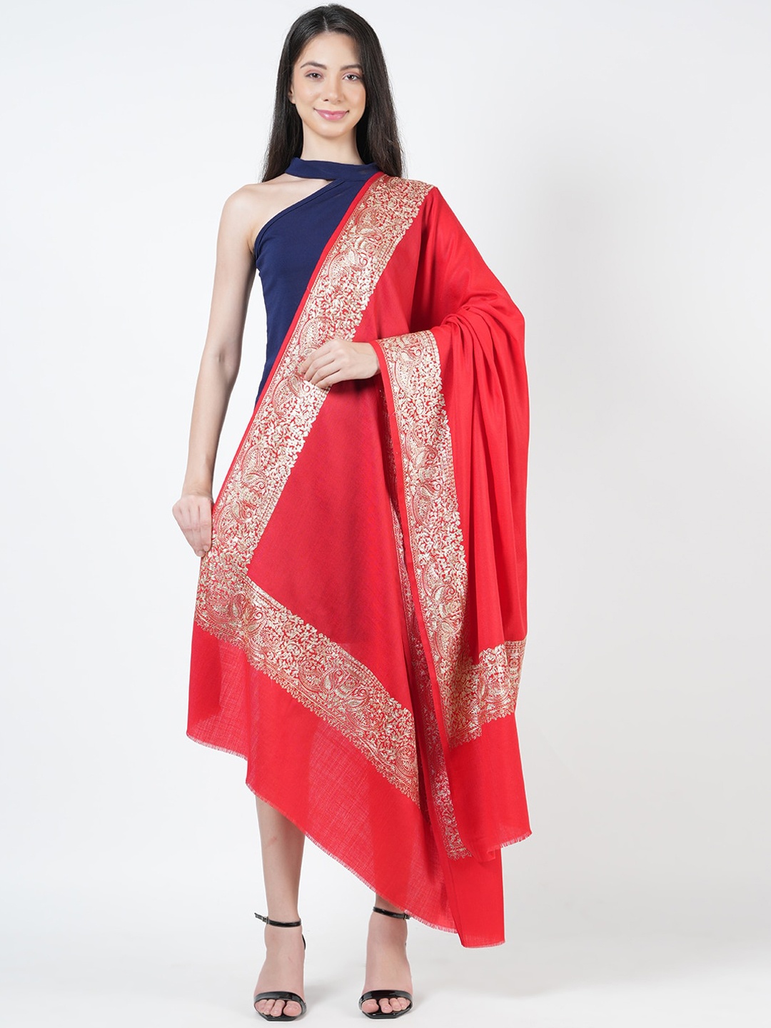 

MUFFLY Ethnic Motifs Zari Woollen Shawl, Red