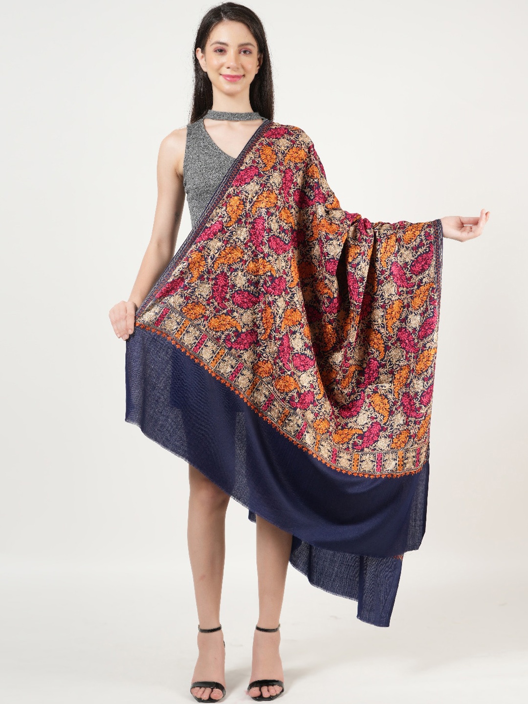 

MUFFLY Floral Embroidered Pashmina Woollen Shawl, Blue