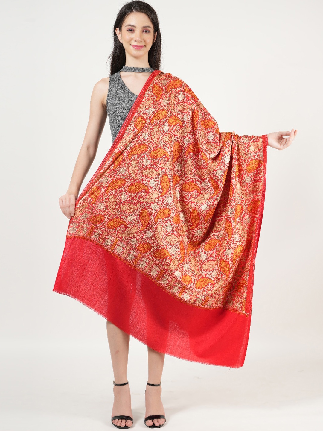 

MUFFLY Floral Embroidered Pashmina Fine Woollen Shawl, Red