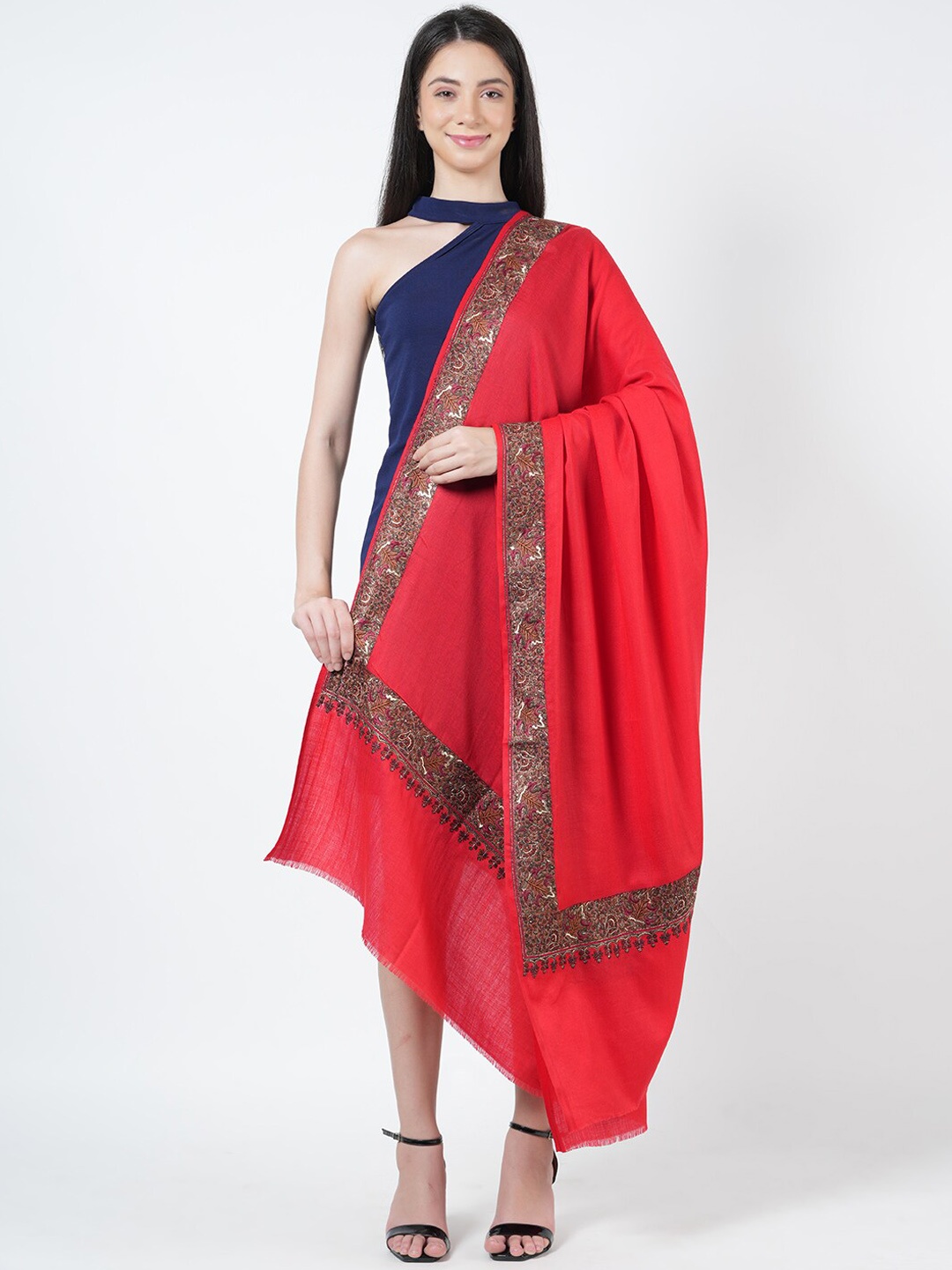 

MUFFLY Pashmina Pure Woollen Embroidered Shawl, Red