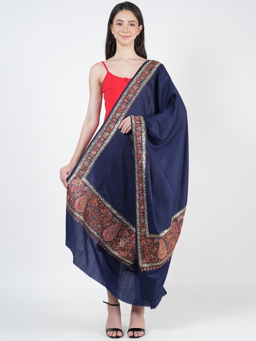 

MUFFLY Pashmina Pure Woollen Border Embroidered Shawl, Blue