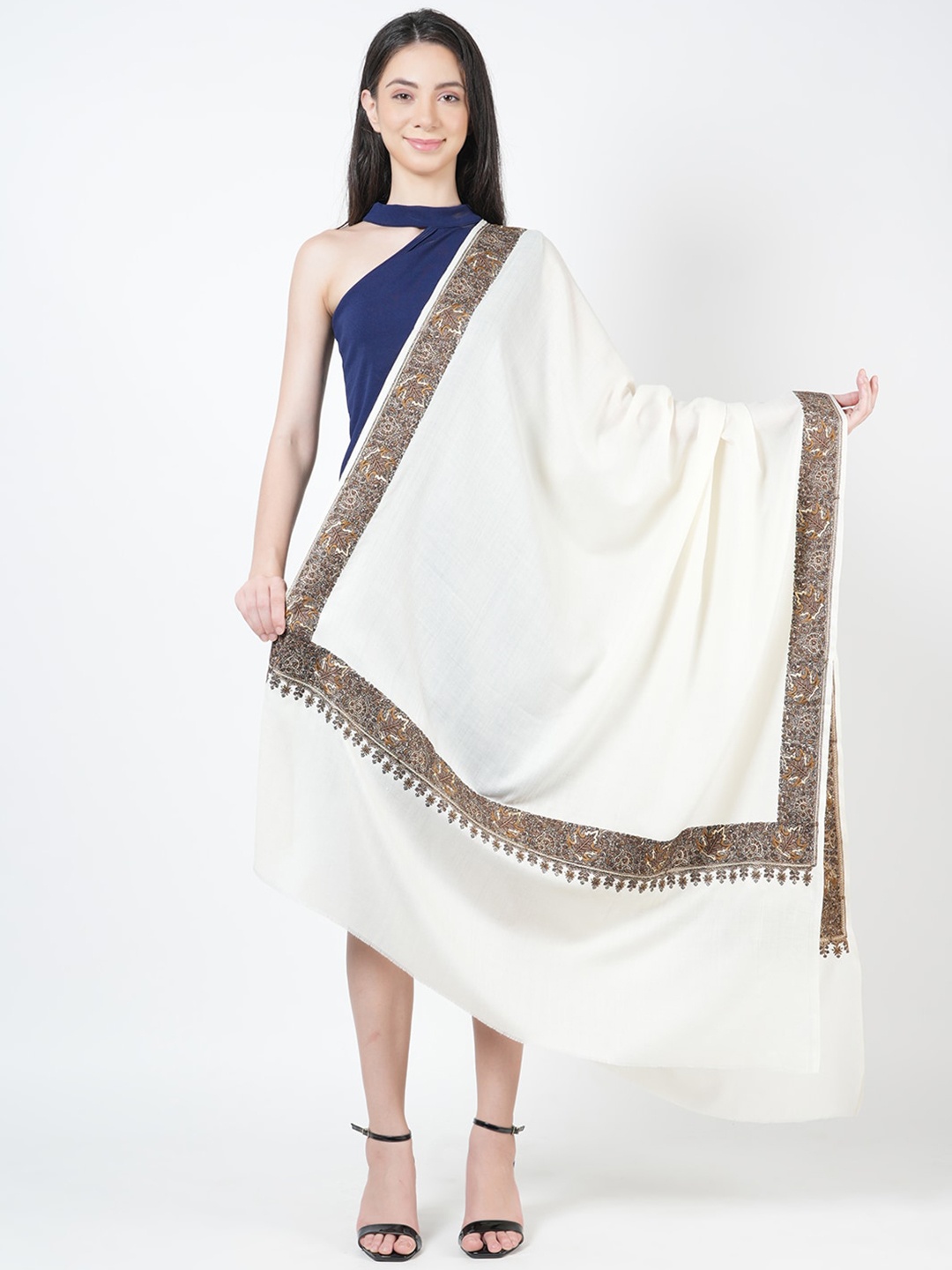 

MUFFLY Pashmina Fine Woollen Embroidered Shawl, White