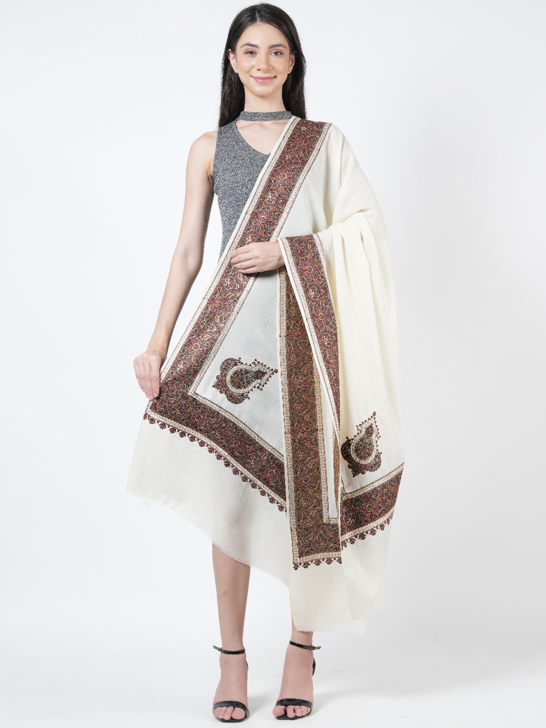 

MUFFLY Pashmina Fine Woollen Embroidered Shawl, White