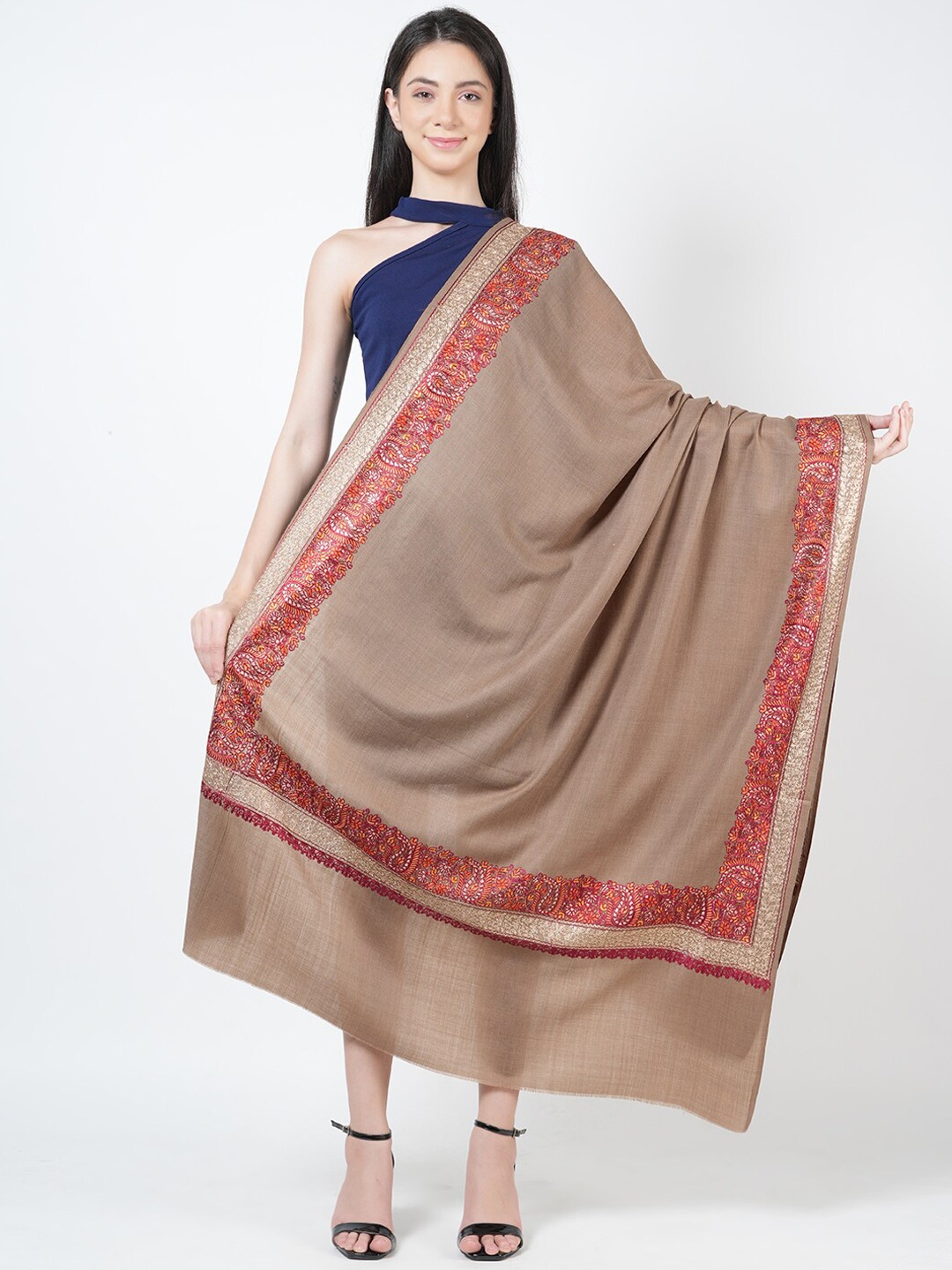 

MUFFLY Pashmina Pure Woollen Embroidered Shawl, Brown