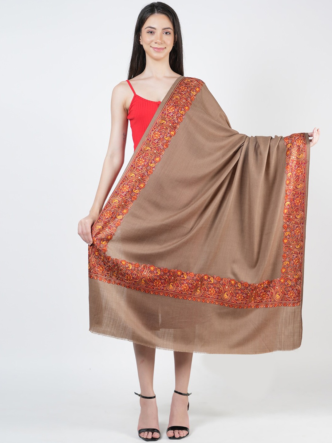 

MUFFLY Ethnic Motifs Embroidered Pashmina Woollen Shawl, Brown