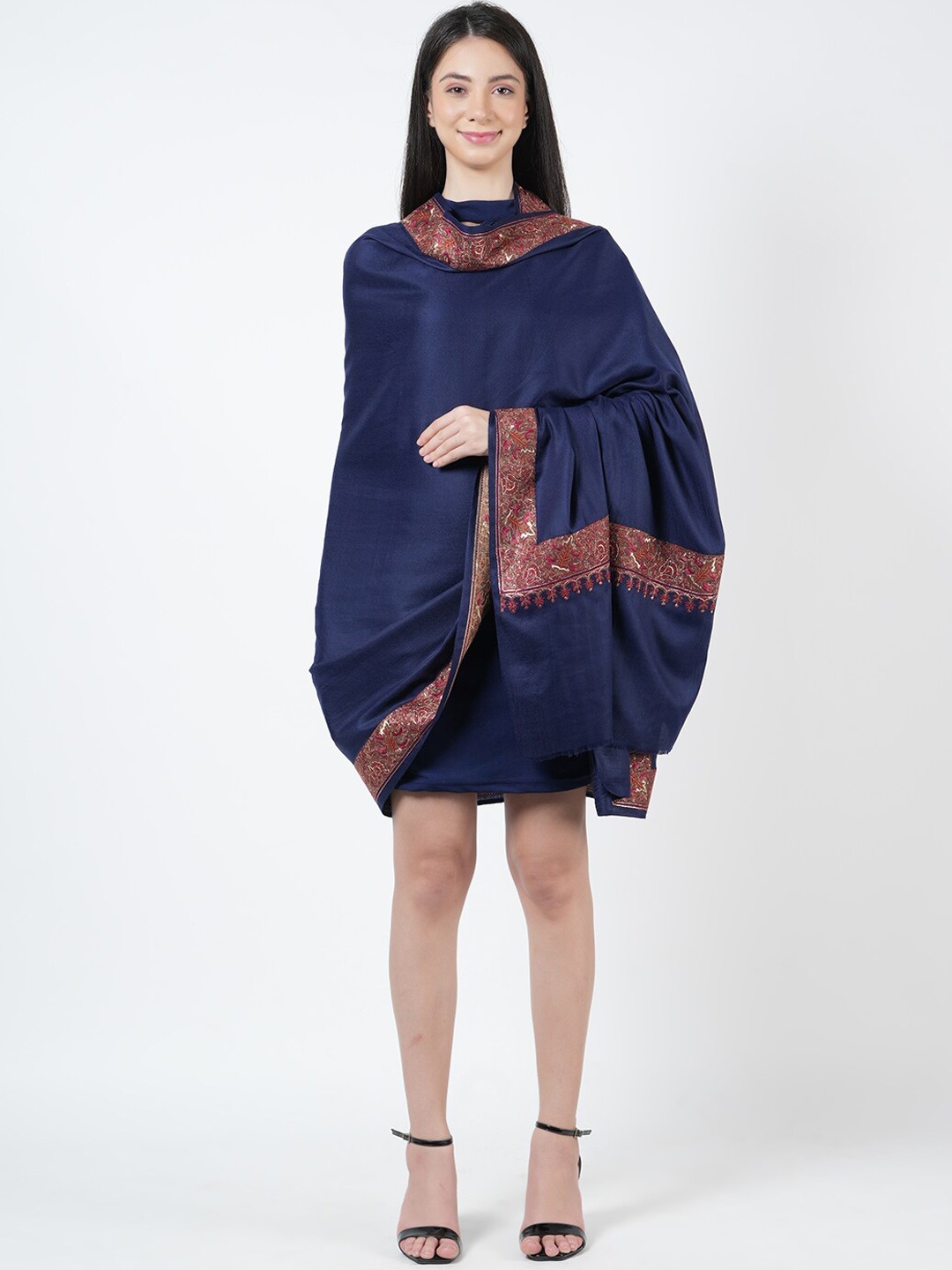 

MUFFLY Pashmina Pure Woollen Embroidered Shawl, Blue