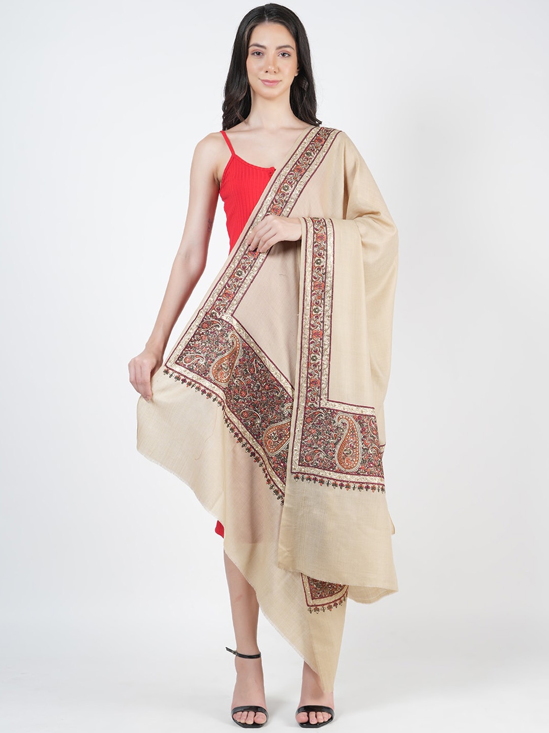 

MUFFLY Pashmina Fine Woollen Embroidered Shawl, Beige