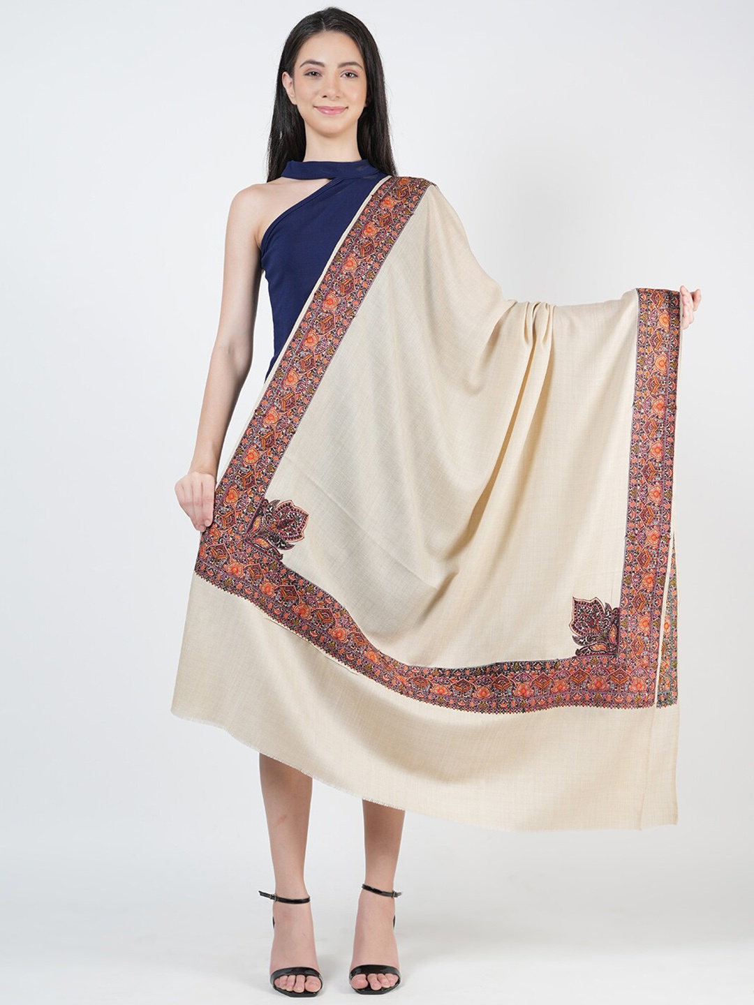 

MUFFLY Pashmina Fine Woollen Embroidered Shawl, Cream