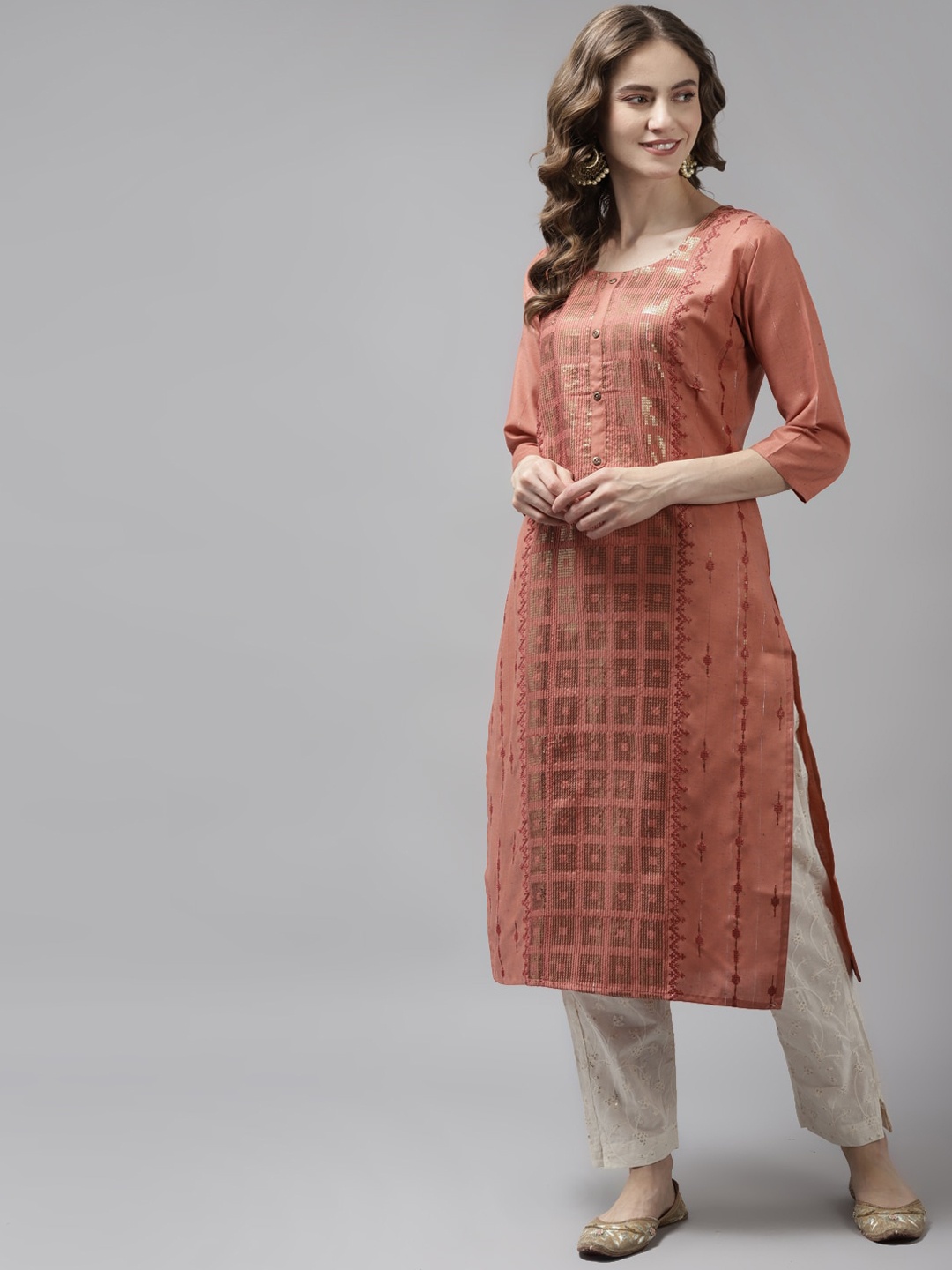 

BAESD Geometric Printed Round Neck Sequins Cotton Kurta, Peach