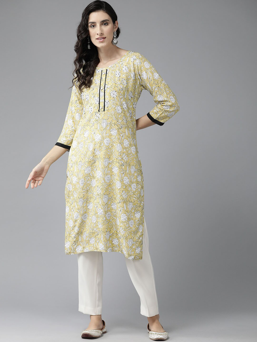 

BAESD Floral Printed Straight Kurta, Yellow