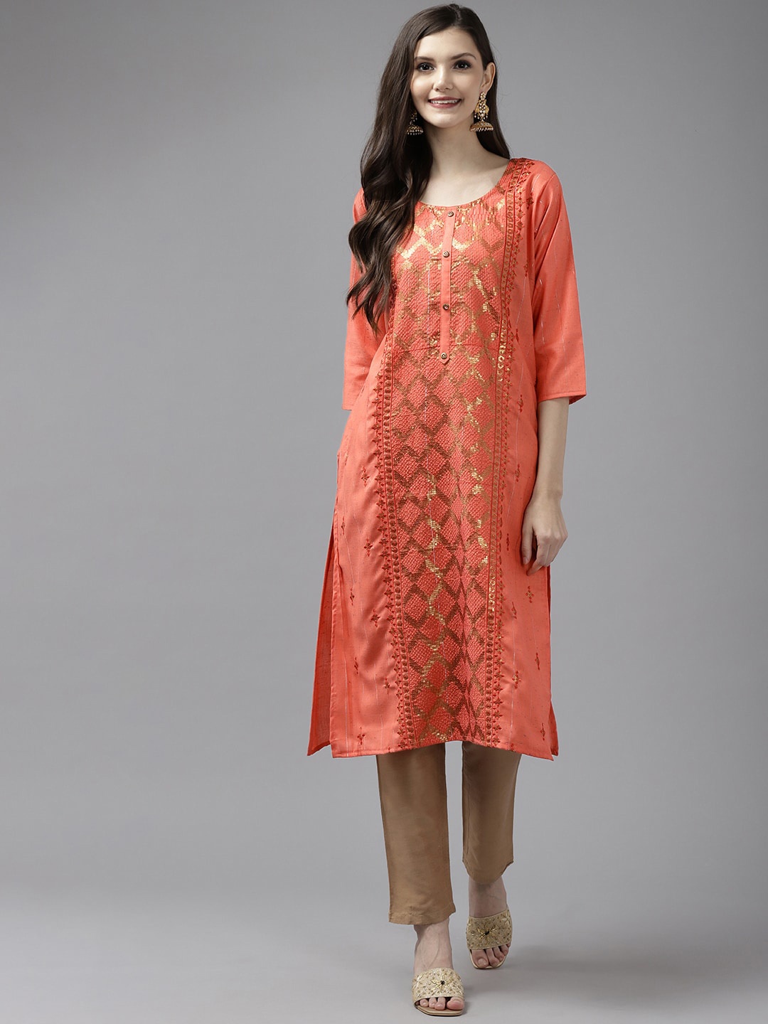 

BAESD Ethnic Motifs Woven Design Round Neck Cotton Straight Kurta, Orange