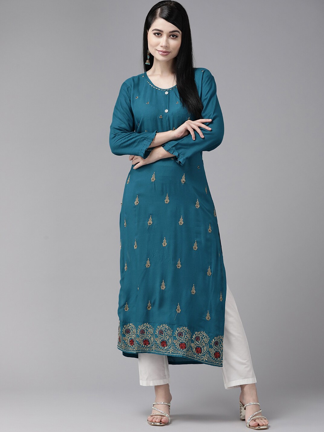 

BAESD Ethnic Motifs Embroidered Straight Kurta, Teal