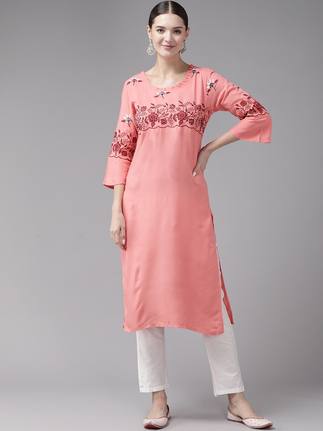 

BAESD Floral Embriodered Cotton Straight Kurta, Peach