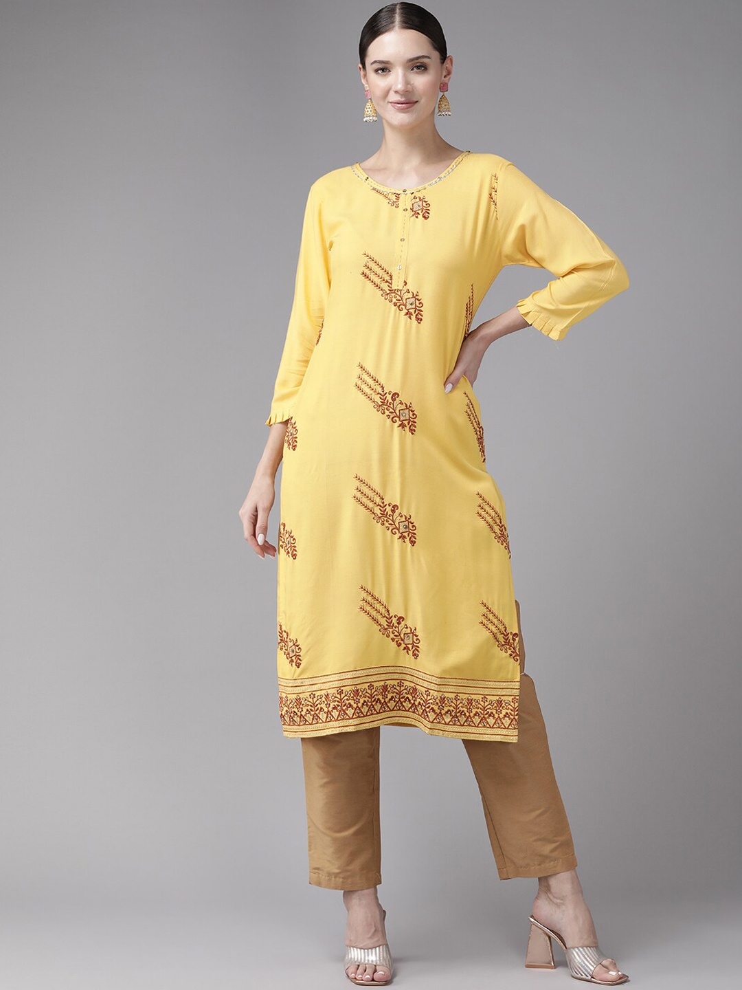 

BAESD Ethnic Motifs Embroidered Thread Work Cotton A-Line Kurta, Yellow