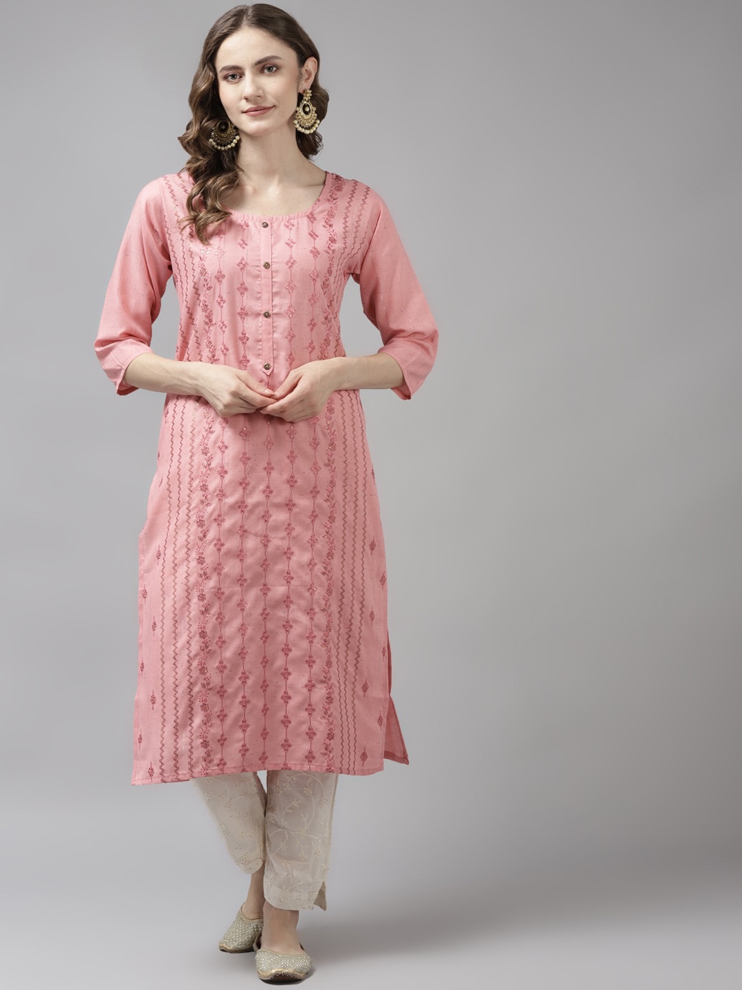 

BAESD Geometric embroidered Round Neck Pure Cotton Regular Kurta, Pink