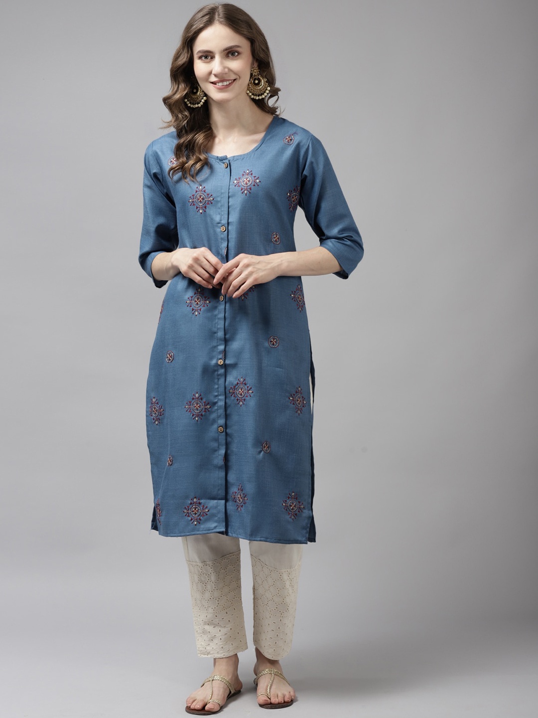 

BAESD Ethnic Motifs Embroidered Straight Kurta, Blue