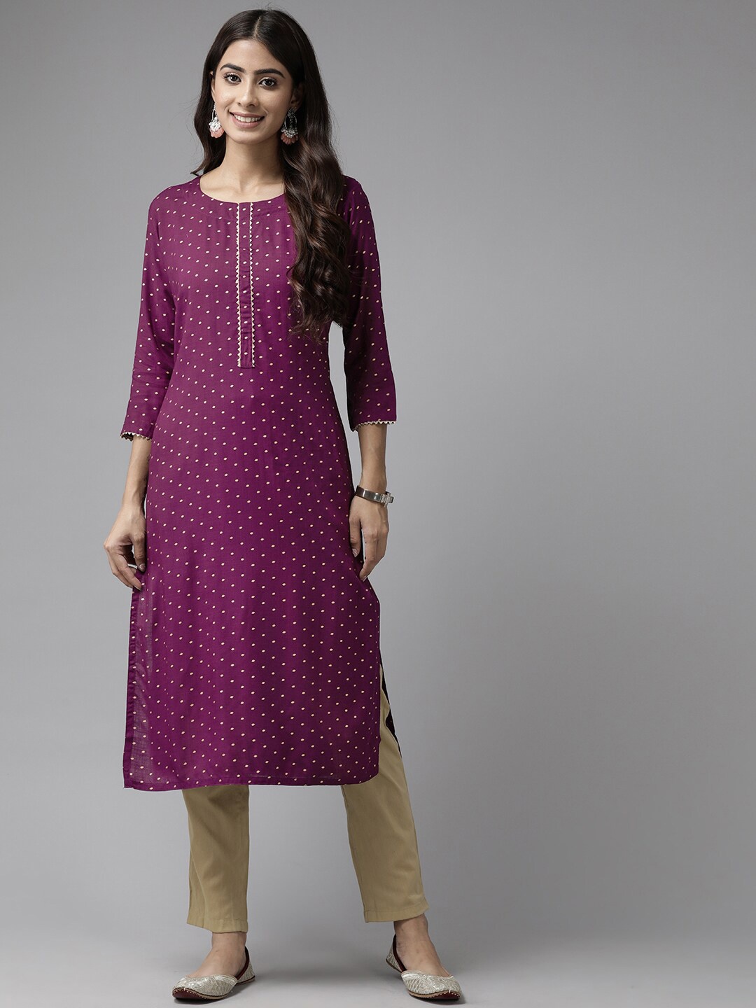 

BAESD Women Polka Dot Printed Round Neck Gotta Patti Cotton Kurta, Purple