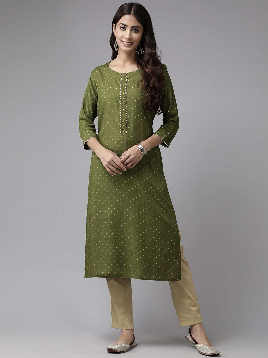 

BAESD Polka Dots Printed Gotta Patti Detail Pure Cotton Straight Kurta, Olive
