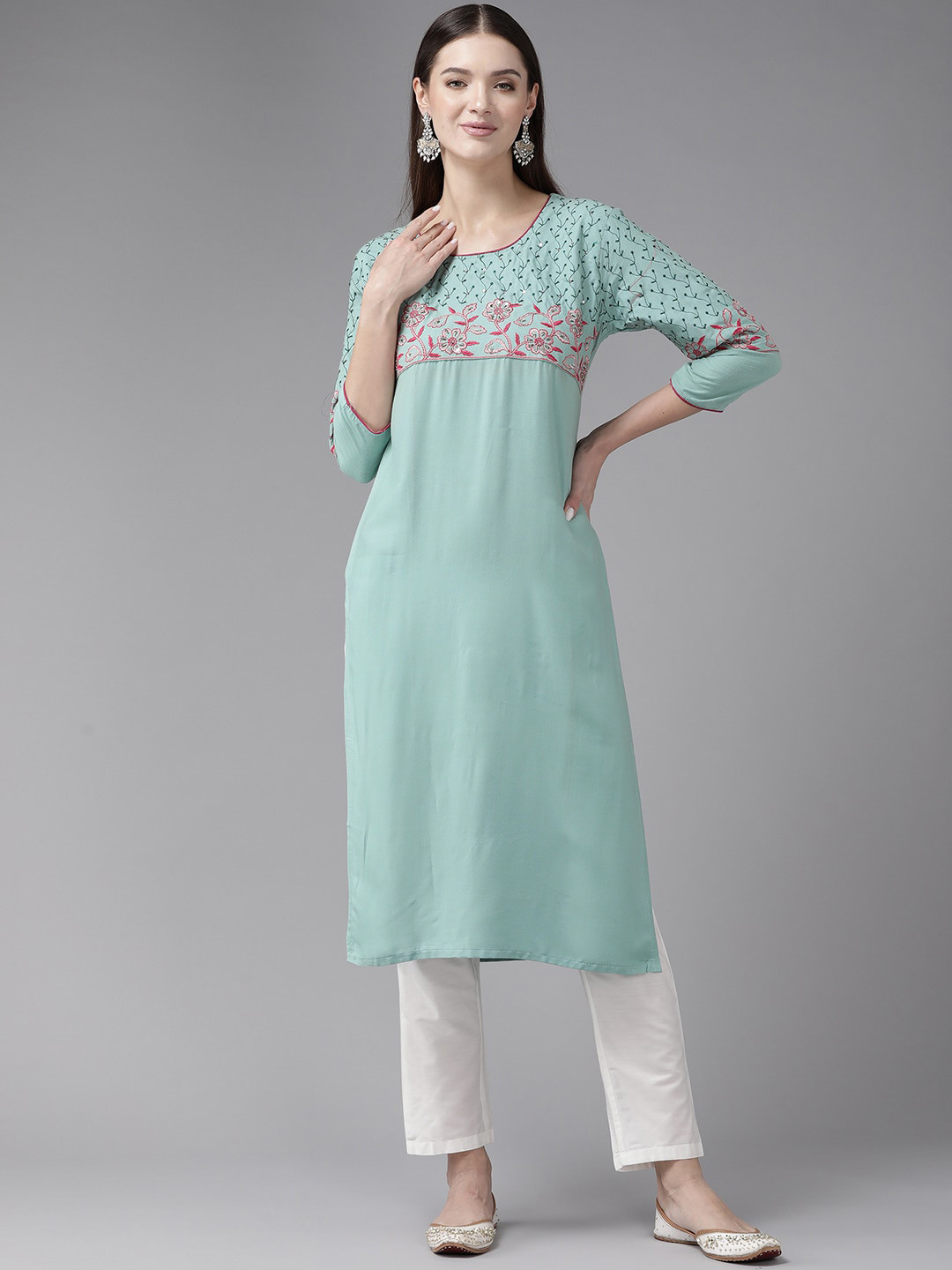 

BAESD Floral Embroidered Straight Kurta, Sea green
