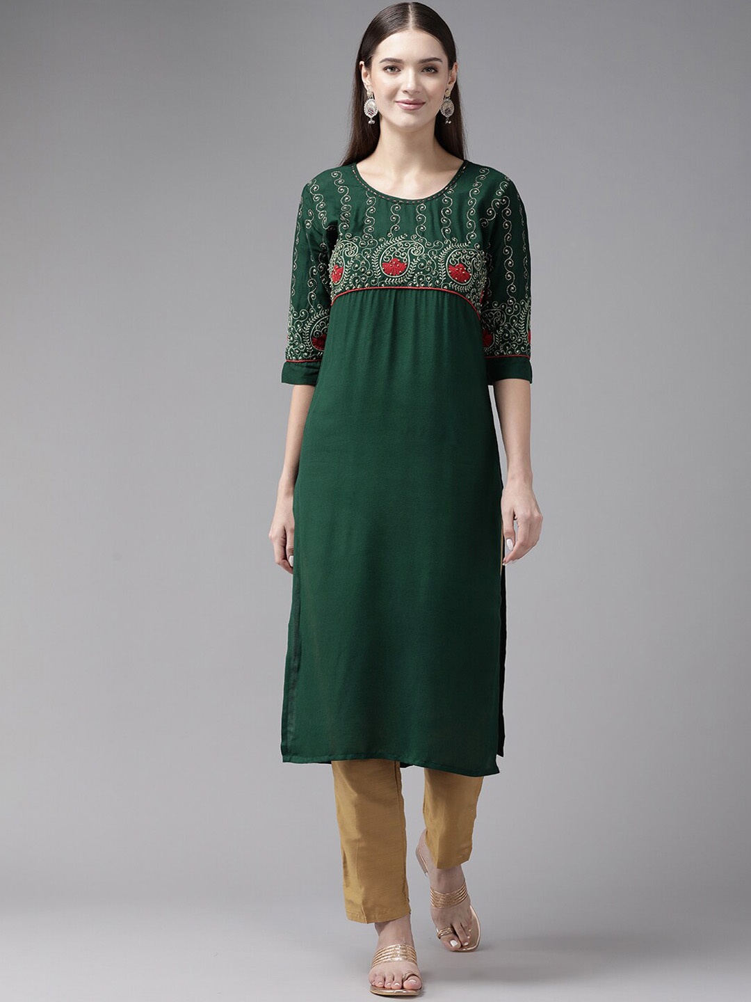 

BAESD Paisley Ethnic Motifs Embroidered Cotton Regular Kurta, Green