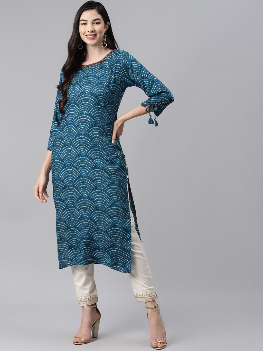 

BAESD Bandhani Printed Beads & Stones Detailed Straight Kurta, Blue