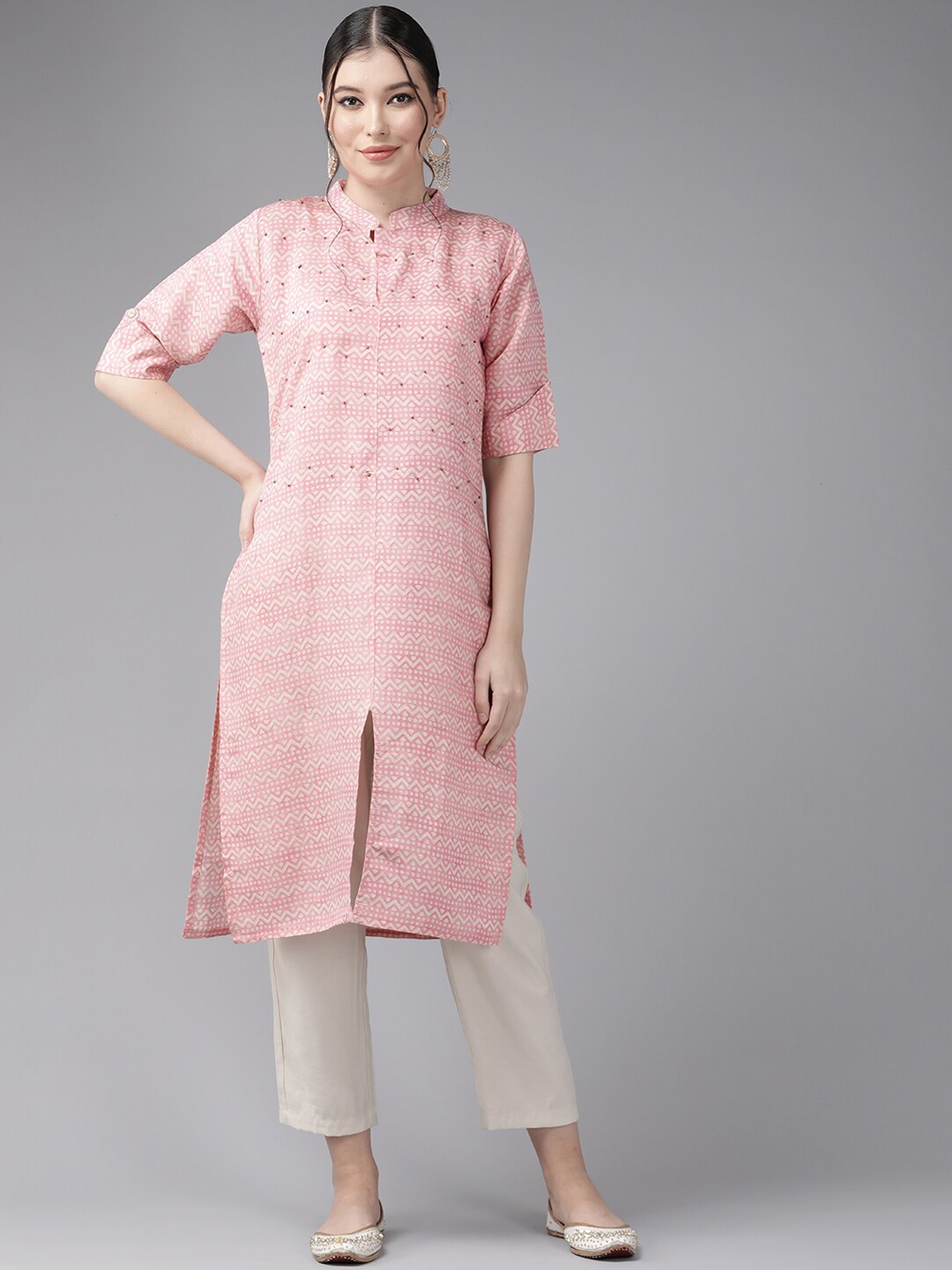 

BAESD Geometric Printed Mandarin Collar Cotton Straight Kurta, Pink