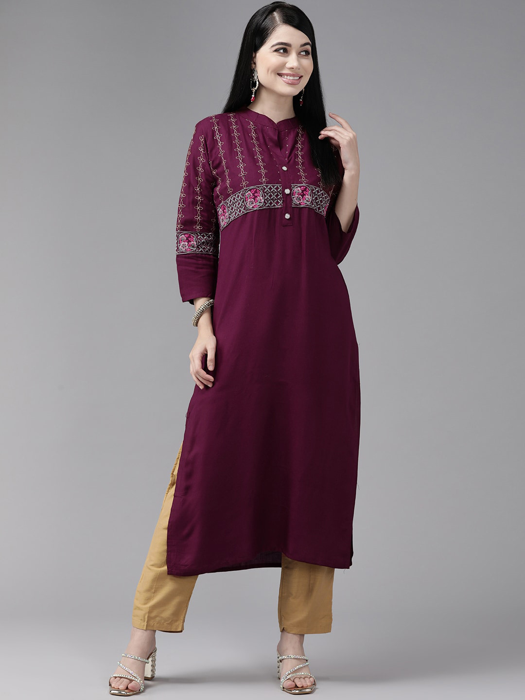 

BAESD Floral Embroidered Mandarin Collar Cotton Straight Kurta, Burgundy