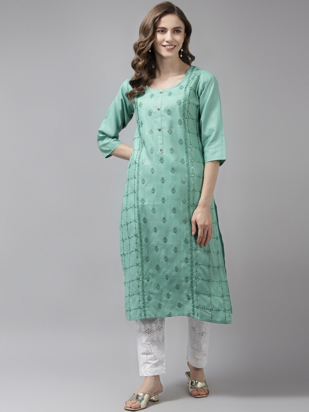 

BAESD Floral Embroidered Thread Work Cotton Kurta, Turquoise blue