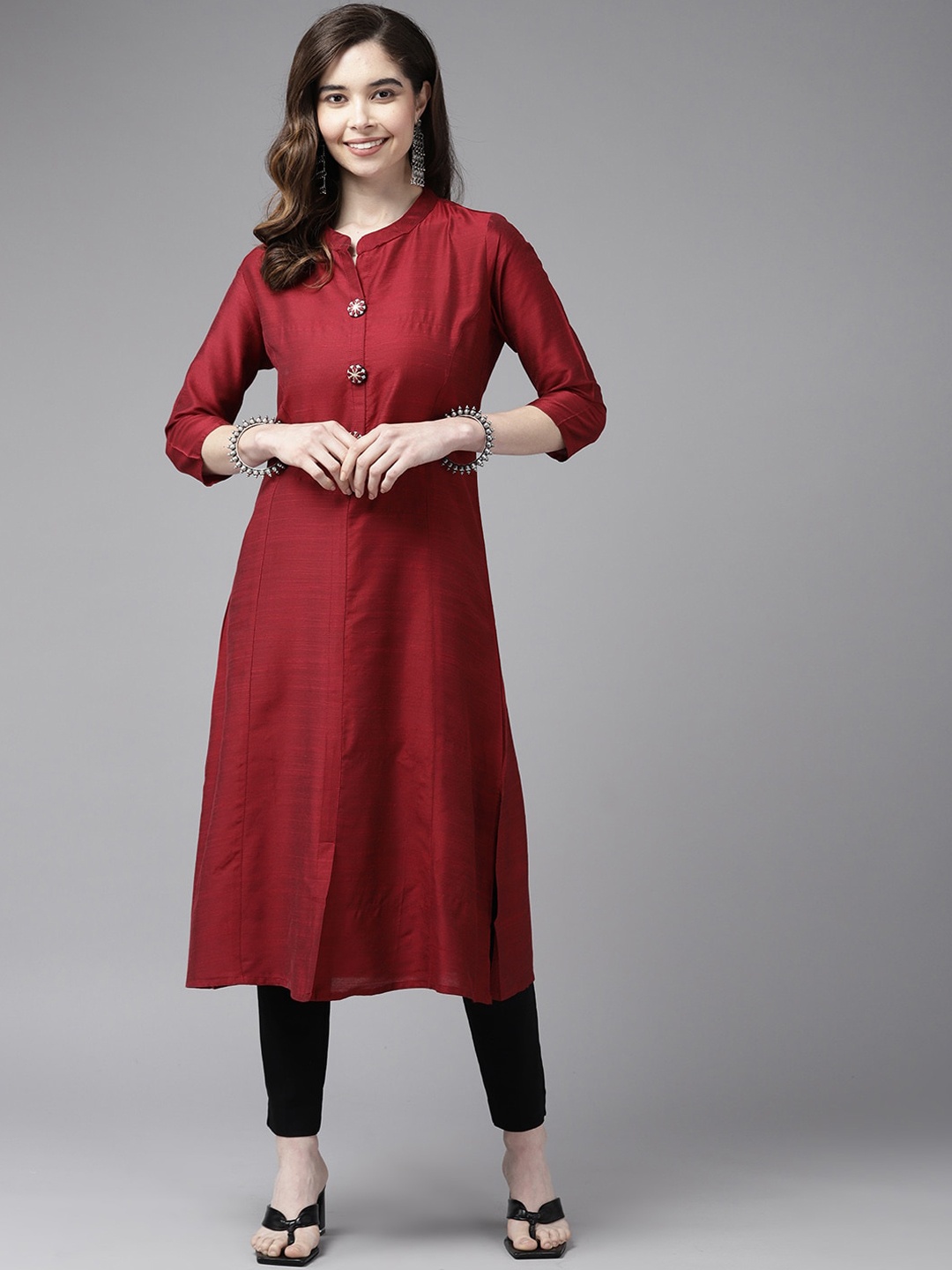 

BAESD Mandarin Collar Cotton A-Line Kurta, Maroon