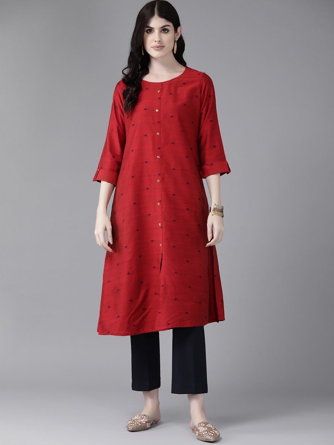

BAESD Ethnic Motifs Printed Round Neck Cotton A-Line Kurta, Maroon