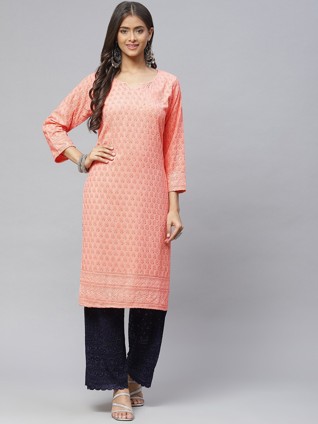 

BAESD Ethnic Motifs Embroidered Sequinned Straight Kurta, Peach