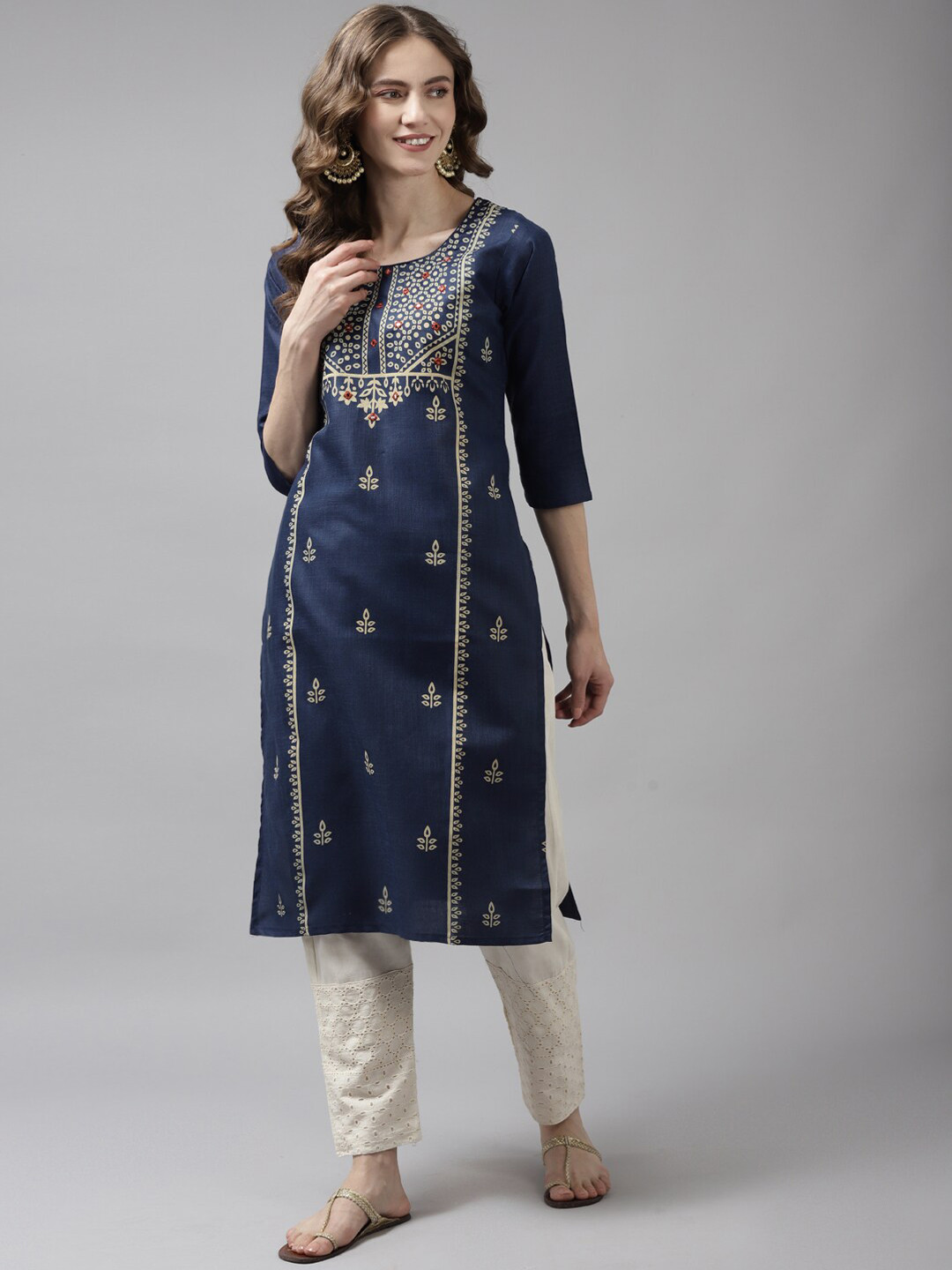 

BAESD Ethnic Motifs Printed Cotton Straight Kurta, Navy blue