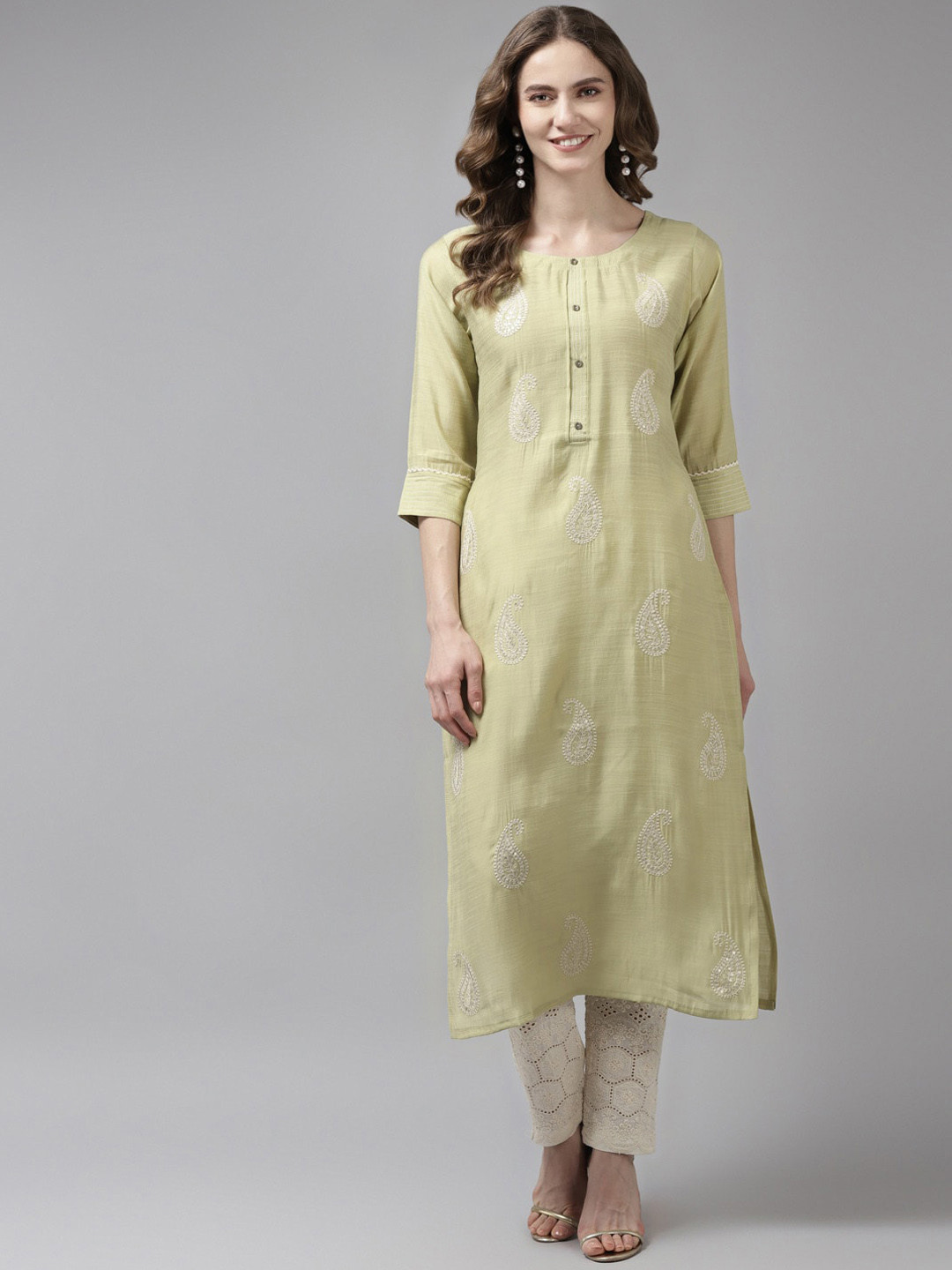 

BAESD Paisley Embroidered Round Neck Cotton Straight Kurta, Green