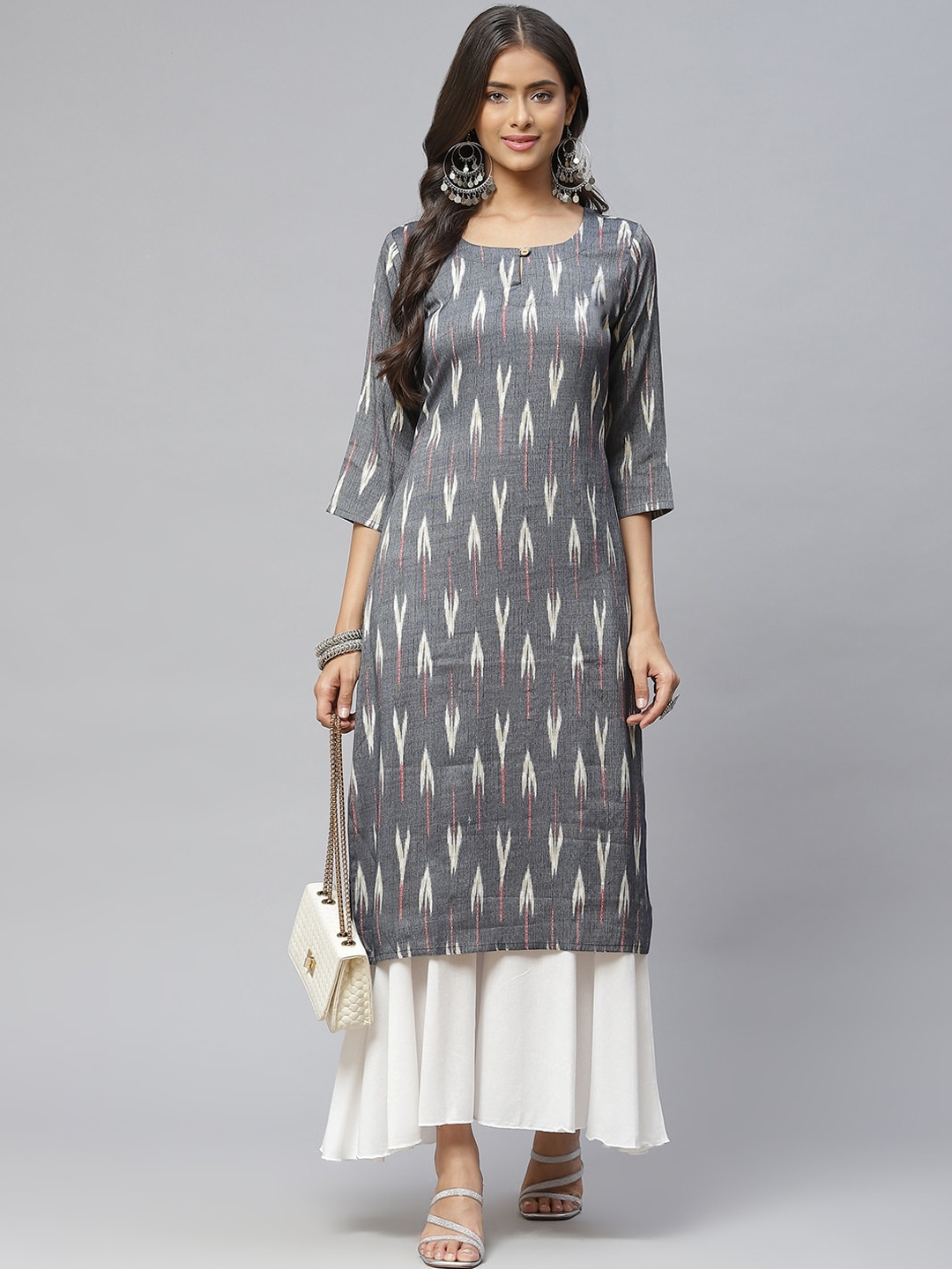 

BAESD Round Neck Ethnic Motif Woven Design A-Line Cotton Kurta, Grey