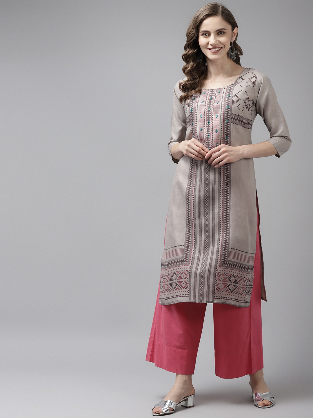 

BAESD Geometeric Printed Thread Work Cotton Kurta, Grey