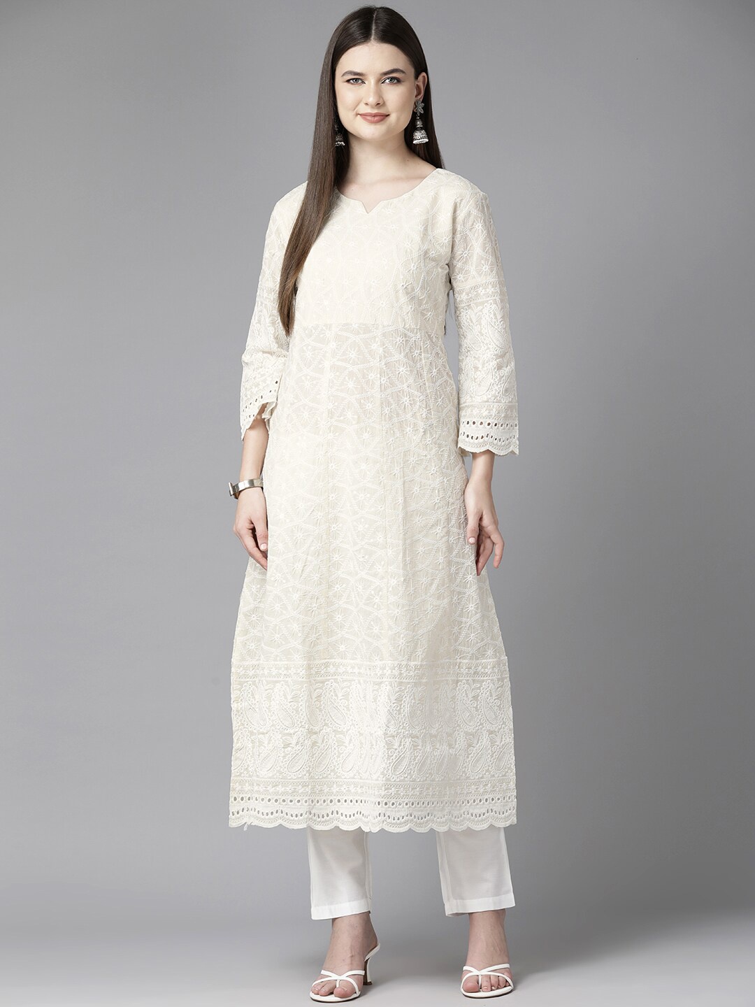 

BAESD Floral Embroidered Cotton Anarkali Kurta, Cream