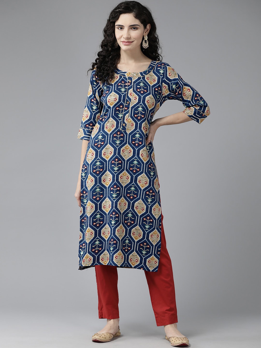 

BAESD Ethnic Motifs Round Neck Three-Quarter Sleeve Gotta Patti Cotton Kurta, Blue