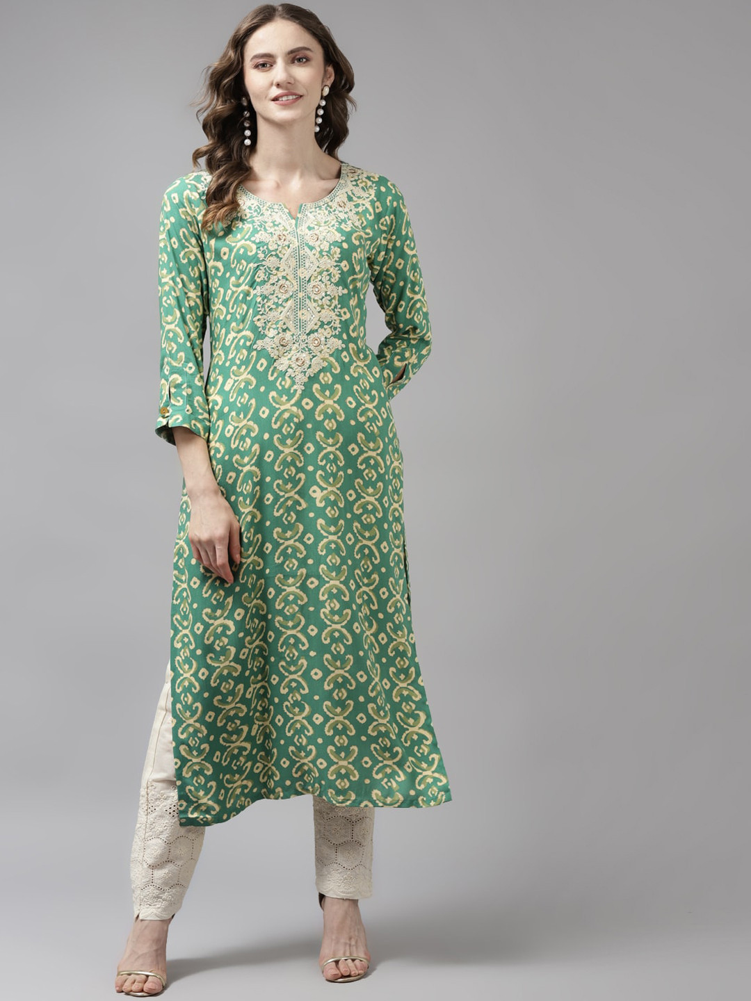 

BAESD Ethnic Motifs Printed Yoke Thread Work Cotton Straight Kurta, Green