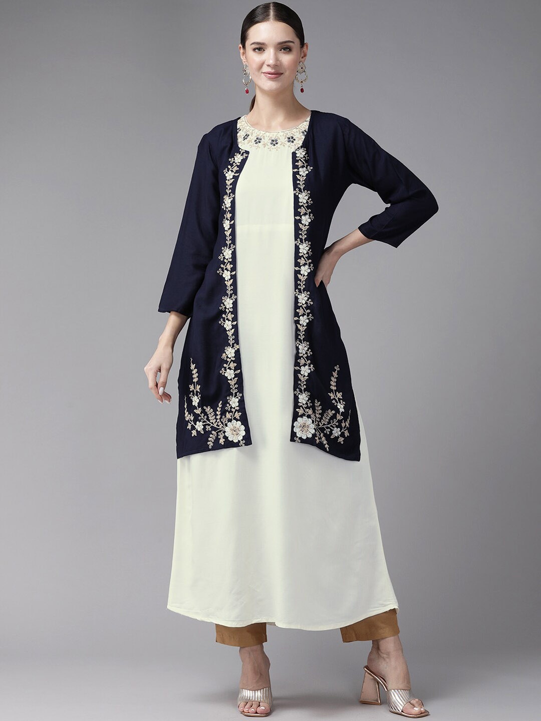 

BAESD Floral Embroidered Cotton Kurta With A Jacket, Beige