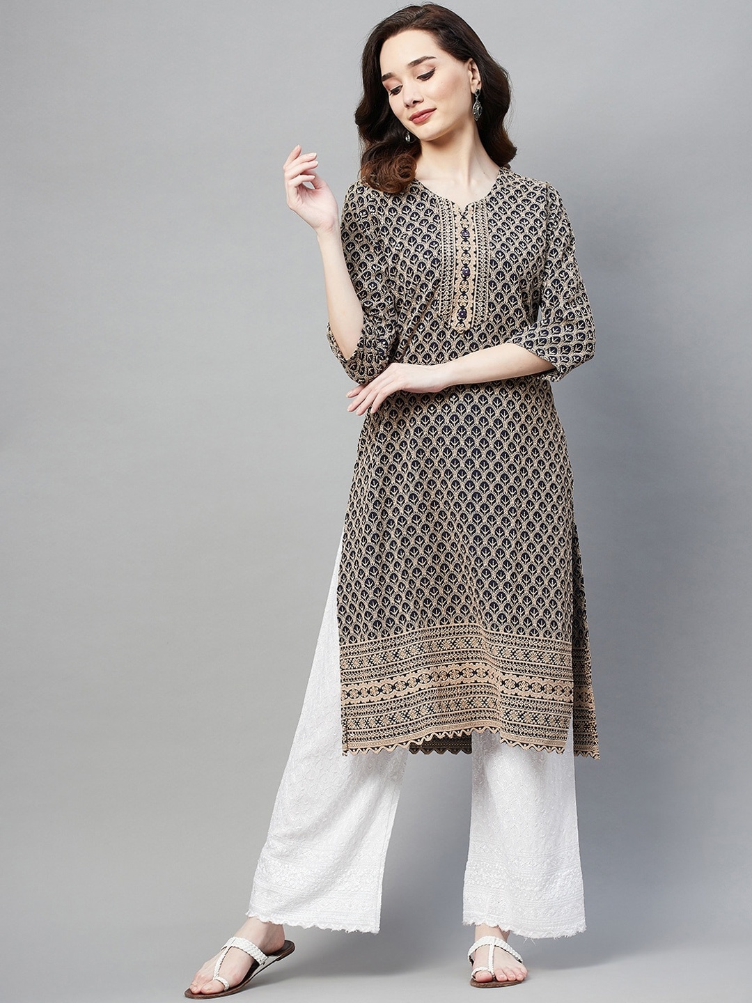 

BAESD Round Neck Ethnic Motif Printed A-Line Cotton Kurta, Navy blue
