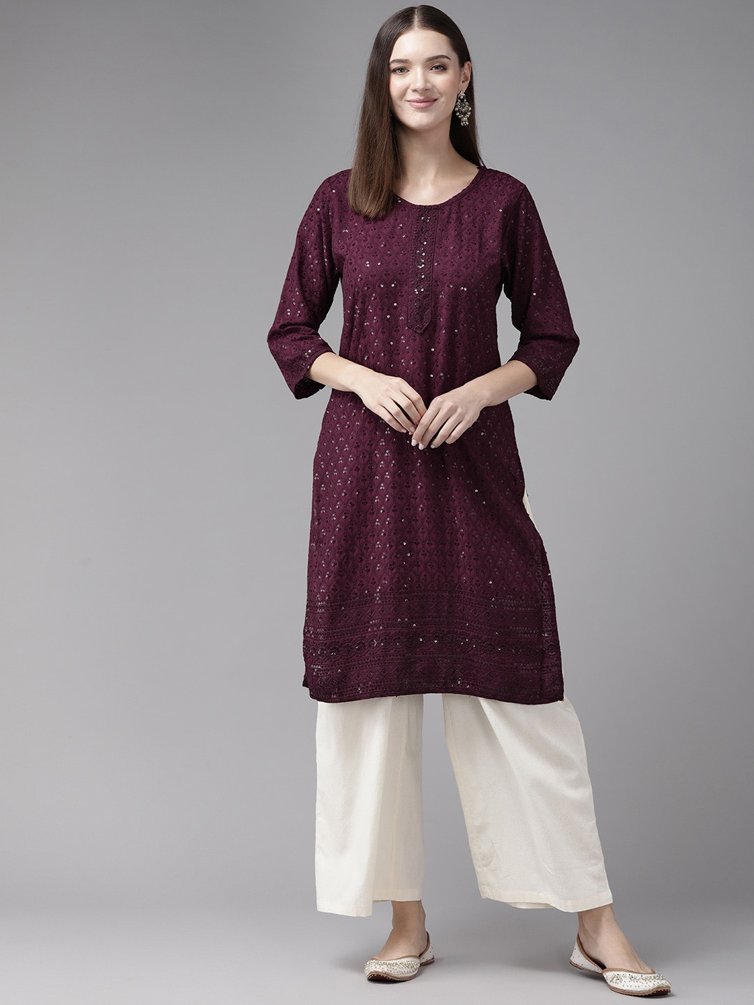 

BAESD Embellished Embroidered Sequins Straight Kurta, Burgundy