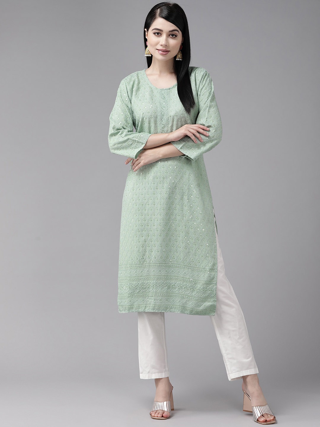 

BAESD Embellished Sequinned Detailed Cotton Straight Kurta, Green