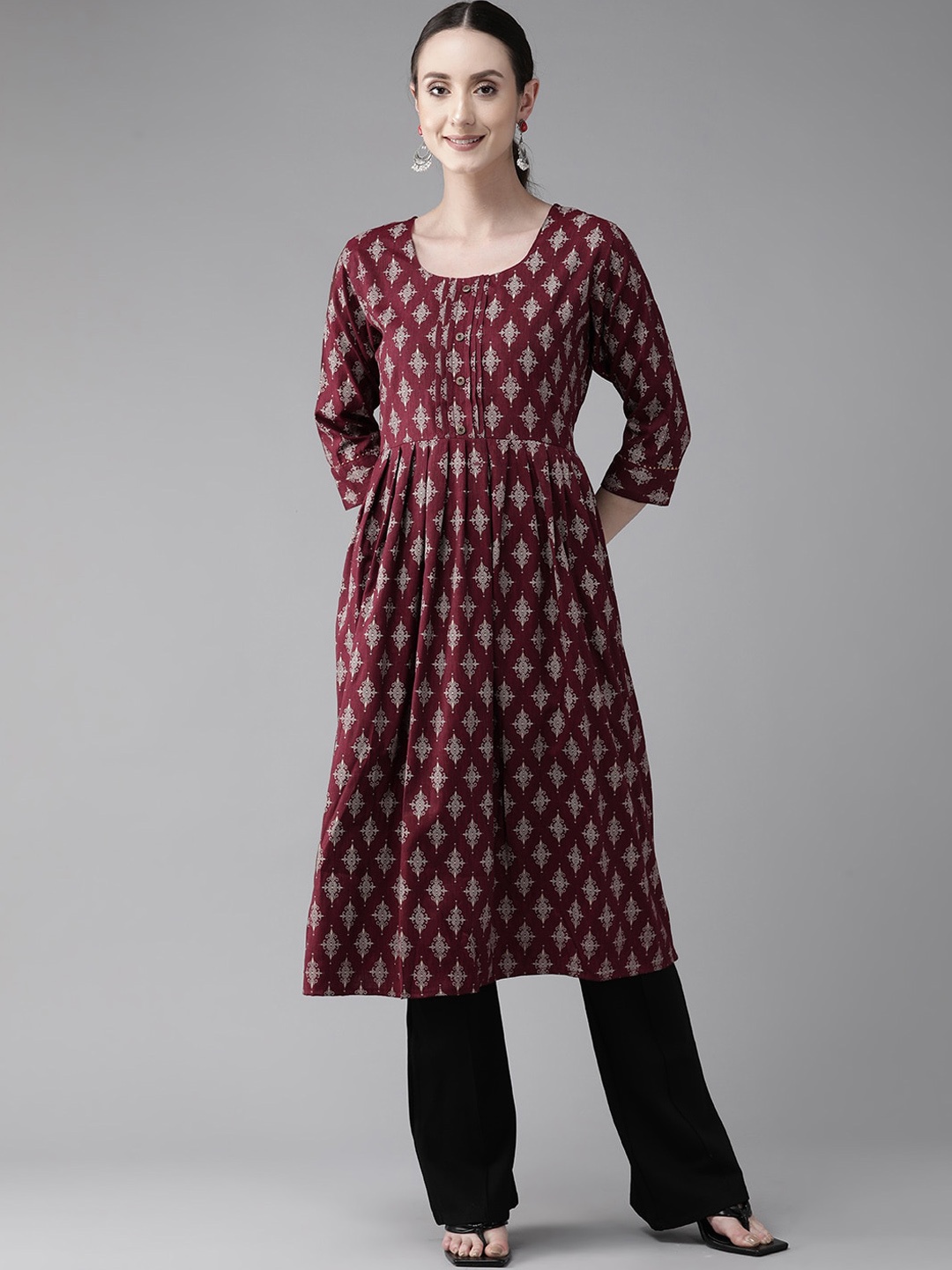 

BAESD Ethnic Motifs Round Neck A-Line Pleated Cotton Kurta, Maroon